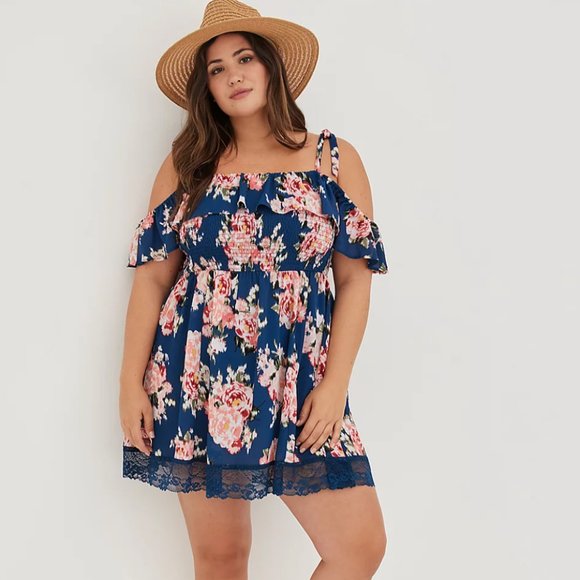torrid Other - New Torrid Ruffle Lace Trim Swim Coverup Dress - Ikat Floral Blue 4X 5X